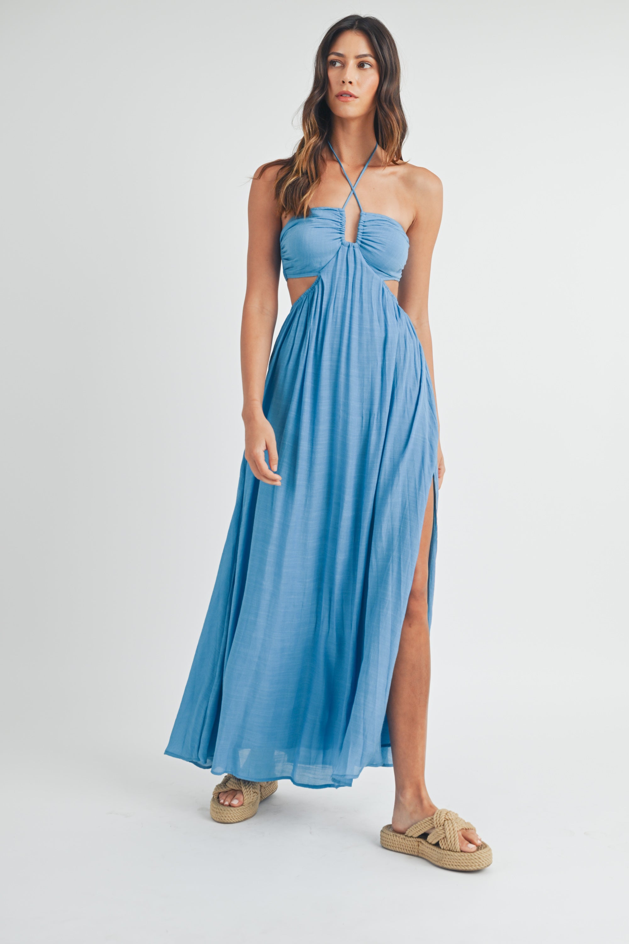 White Halter Cut Out Beading Midi Length Party Dress,DP1197
