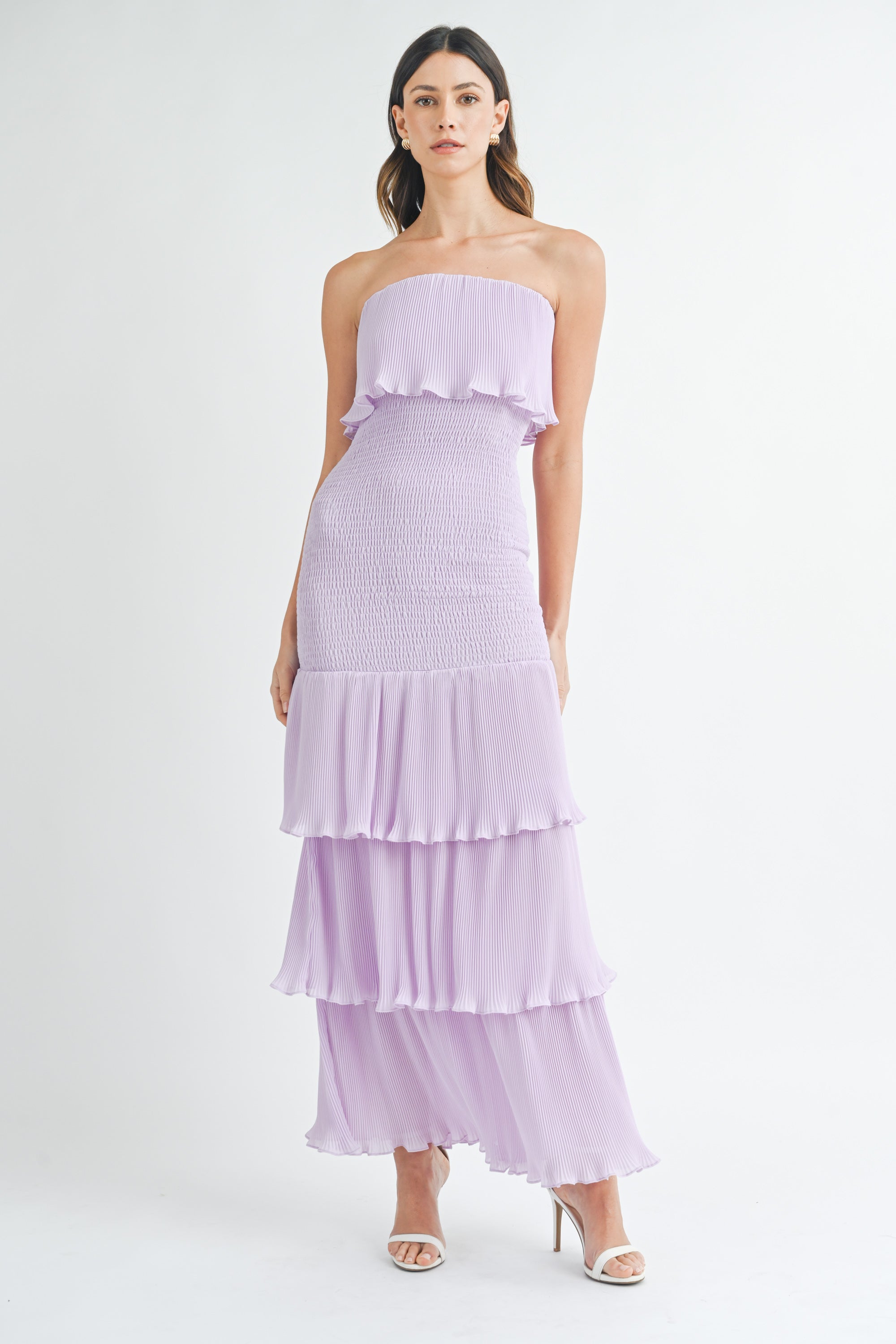 Alma Metallic Strapless Ruffle Maxi Dress