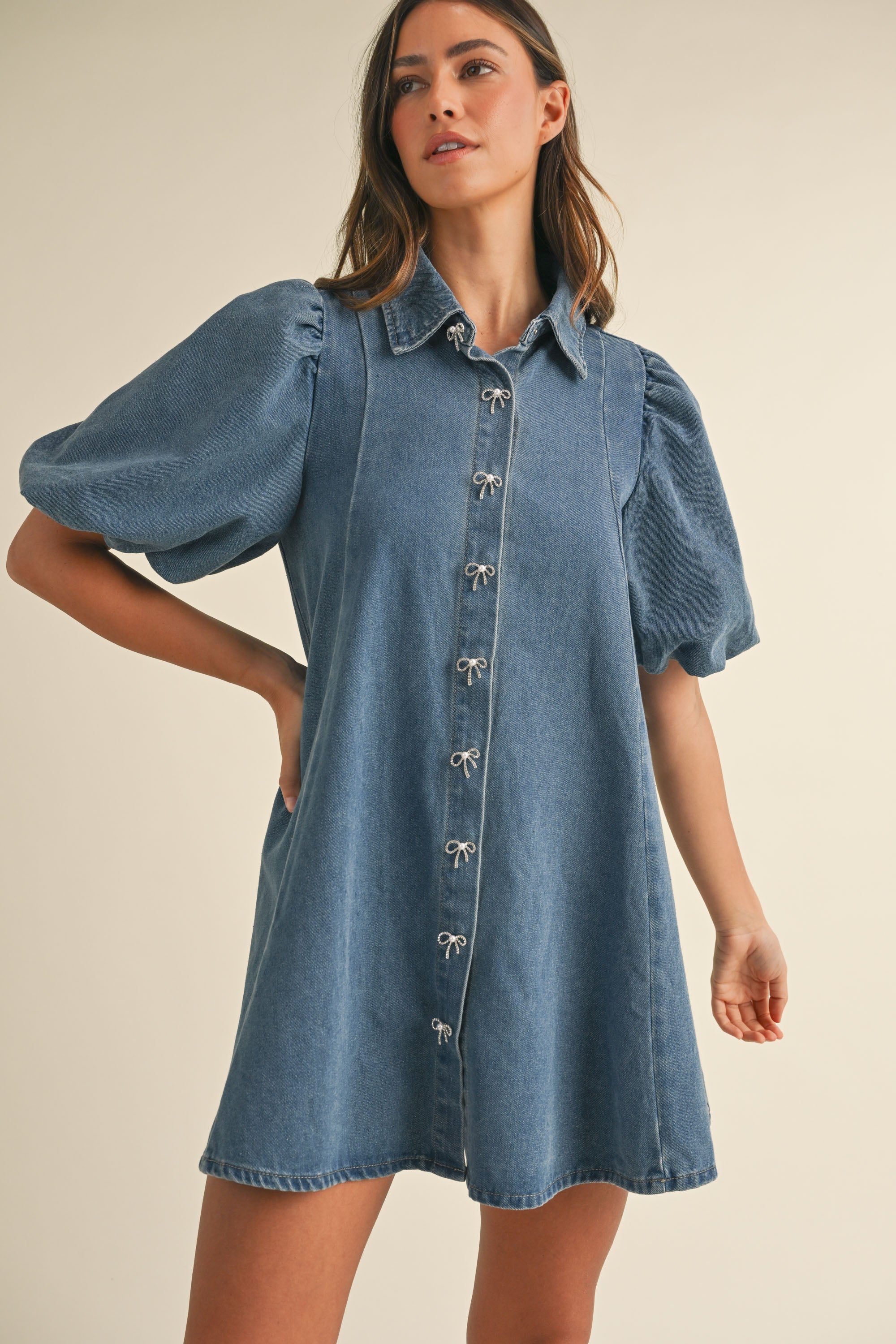 LANTHE JEWEL BUTTON PUFF SLEEVE DENIM MINI DRESS