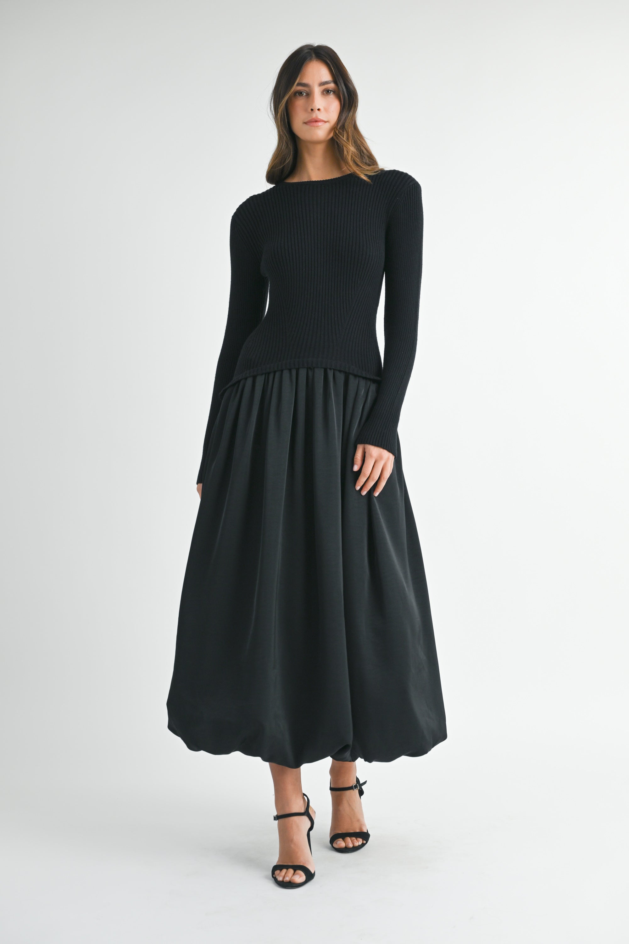 Ribbed Sweater Combination Bubble Skirt Mini Dress