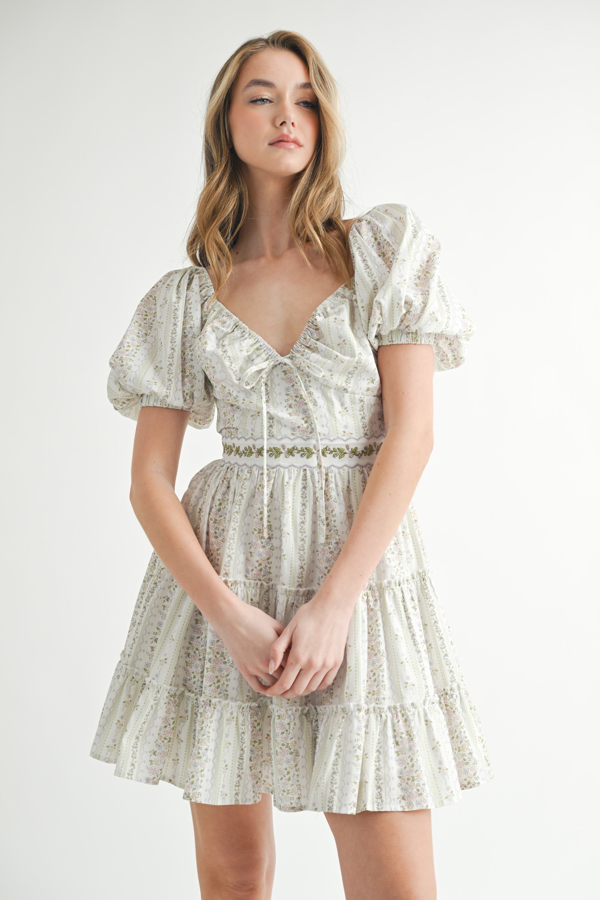 MABLE Floral Print Shoulder Tie Layered Mini Dress