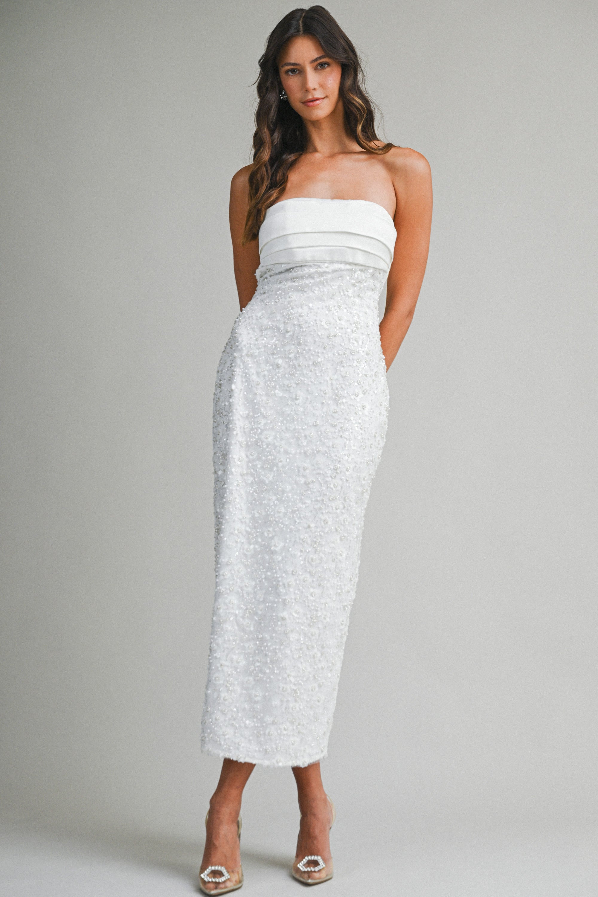 CIELO PEARL BEADED STRAPLESS MIDI DRESS – Mable Clothing