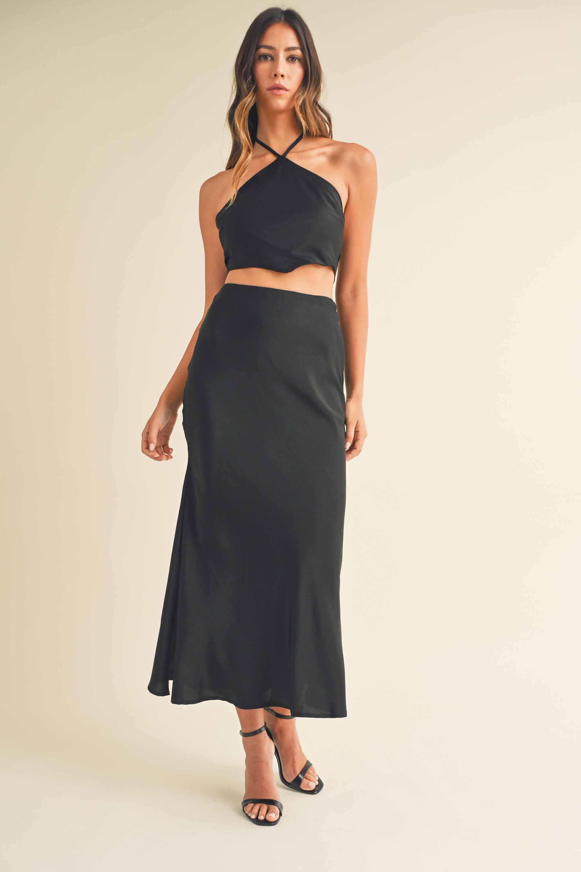 Halter Neck Top and Skirt Knit Set