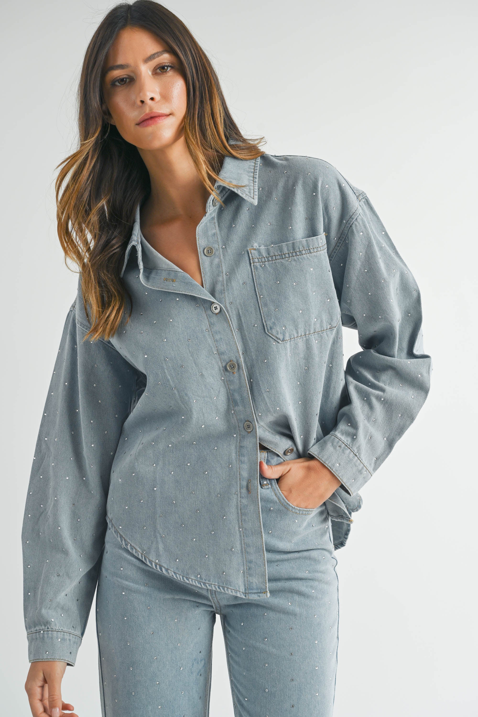 Glam Denim Shirt with Stunning Stone Work Design