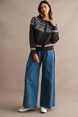 ALORA JACQUARD PATTERN DETAIL BUTTON CARDIGAN