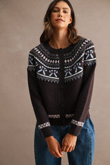 ALORA JACQUARD PATTERN DETAIL BUTTON CARDIGAN