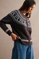 ALORA JACQUARD PATTERN DETAIL BUTTON CARDIGAN