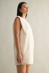 SLINKY SHOULDER PADDED FRINGE DRESS