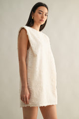 SLINKY SHOULDER PADDED FRINGE DRESS