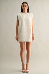 SLINKY SHOULDER PADDED FRINGE DRESS