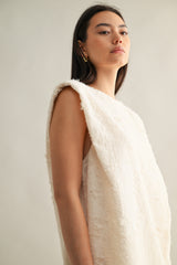SLINKY SHOULDER PADDED FRINGE DRESS