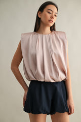 KAMARI SHOULDER PADDED PLEAT DRETAIL SLEEVELESS TOP