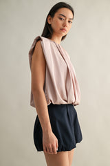 KAMARI SHOULDER PADDED PLEAT DRETAIL SLEEVELESS TOP
