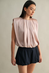 KAMARI SHOULDER PADDED PLEAT DRETAIL SLEEVELESS TOP