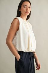 KAMARI SHOULDER PADDED PLEAT DRETAIL SLEEVELESS TOP