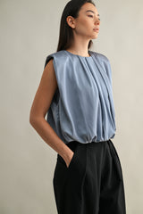 KAMARI SHOULDER PADDED PLEAT DRETAIL SLEEVELESS TOP