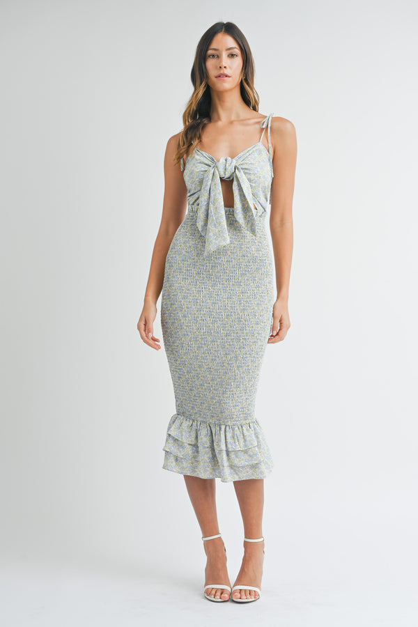 KIRA TIE FRONT SMOCKED MIDI DRESS