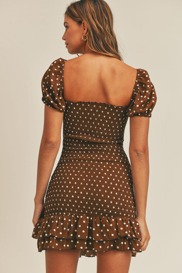 LOELYN CUT OUT DOT PATTERN RUFFLE MINI DRESS