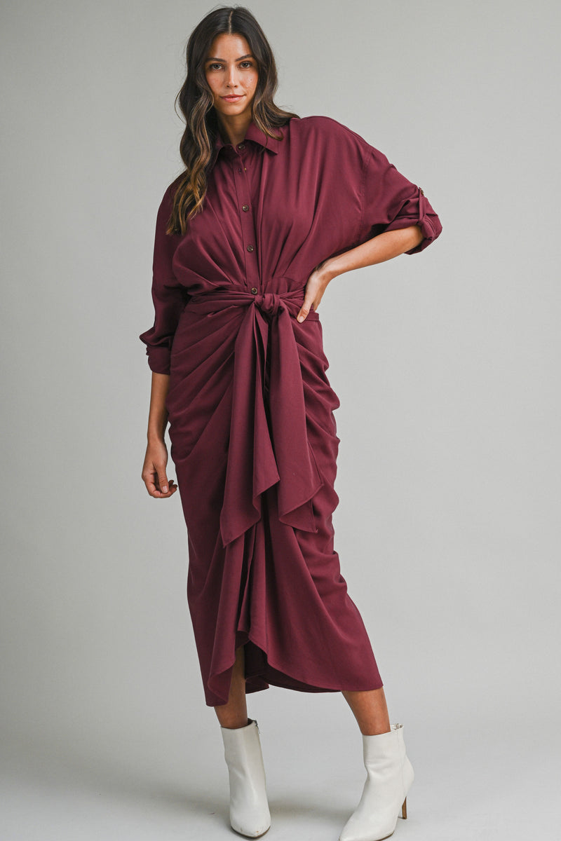 maroon shirt dress BOHEME SHIRT DRESS WITH FRONT TIE – Mable Clothing