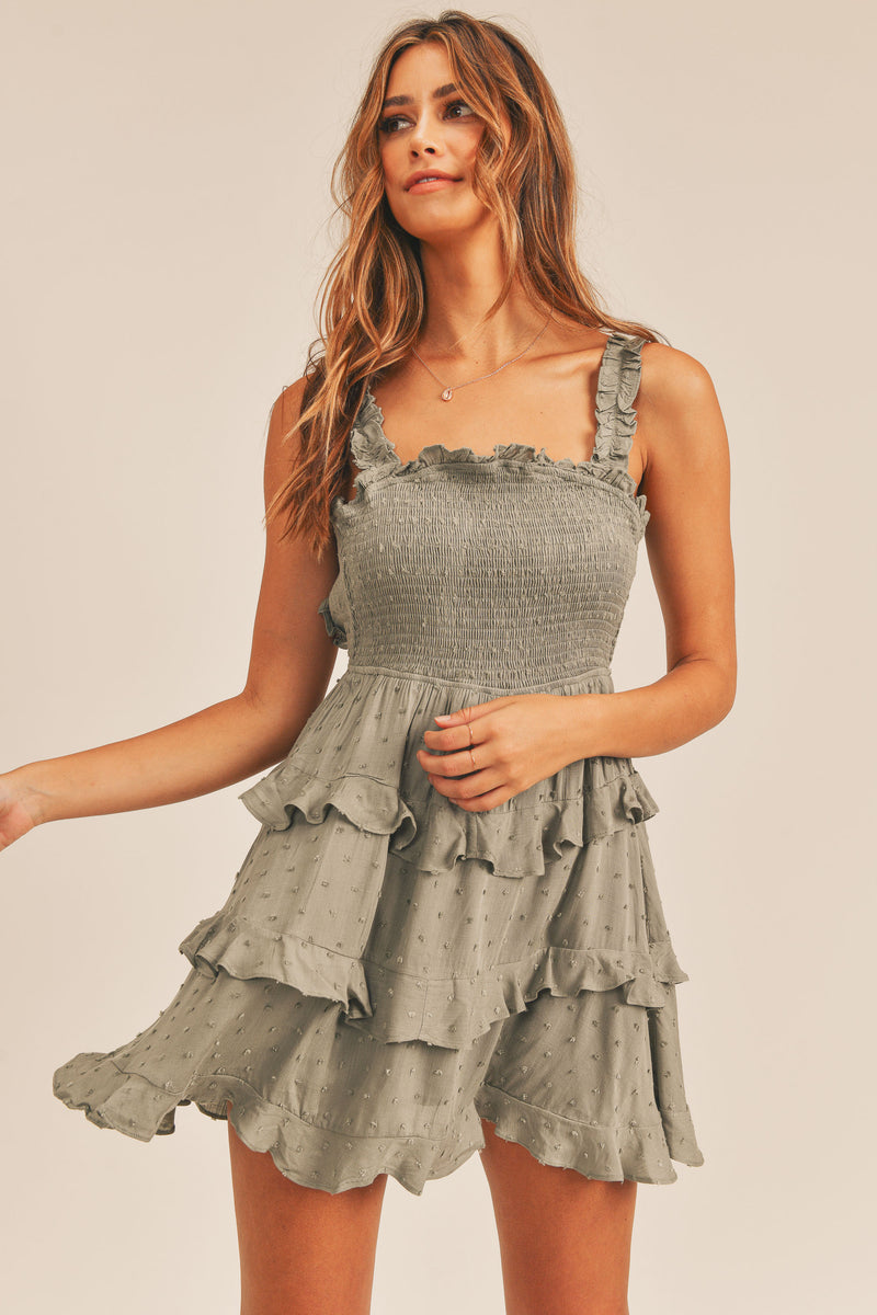 LULAA SMOCKED OPEN BACK RUFFLE TIER DRESS