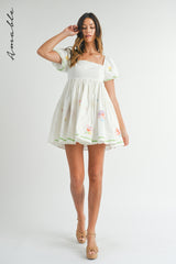 MAJA EMBROIDERED BABYDOLL MINI DRESS