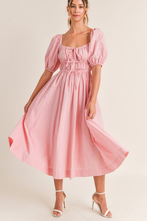 RIVKA FRONT DRAW STRING DETAIL MIDI DRESS