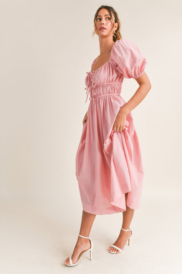 RIVKA FRONT DRAW STRING DETAIL MIDI DRESS