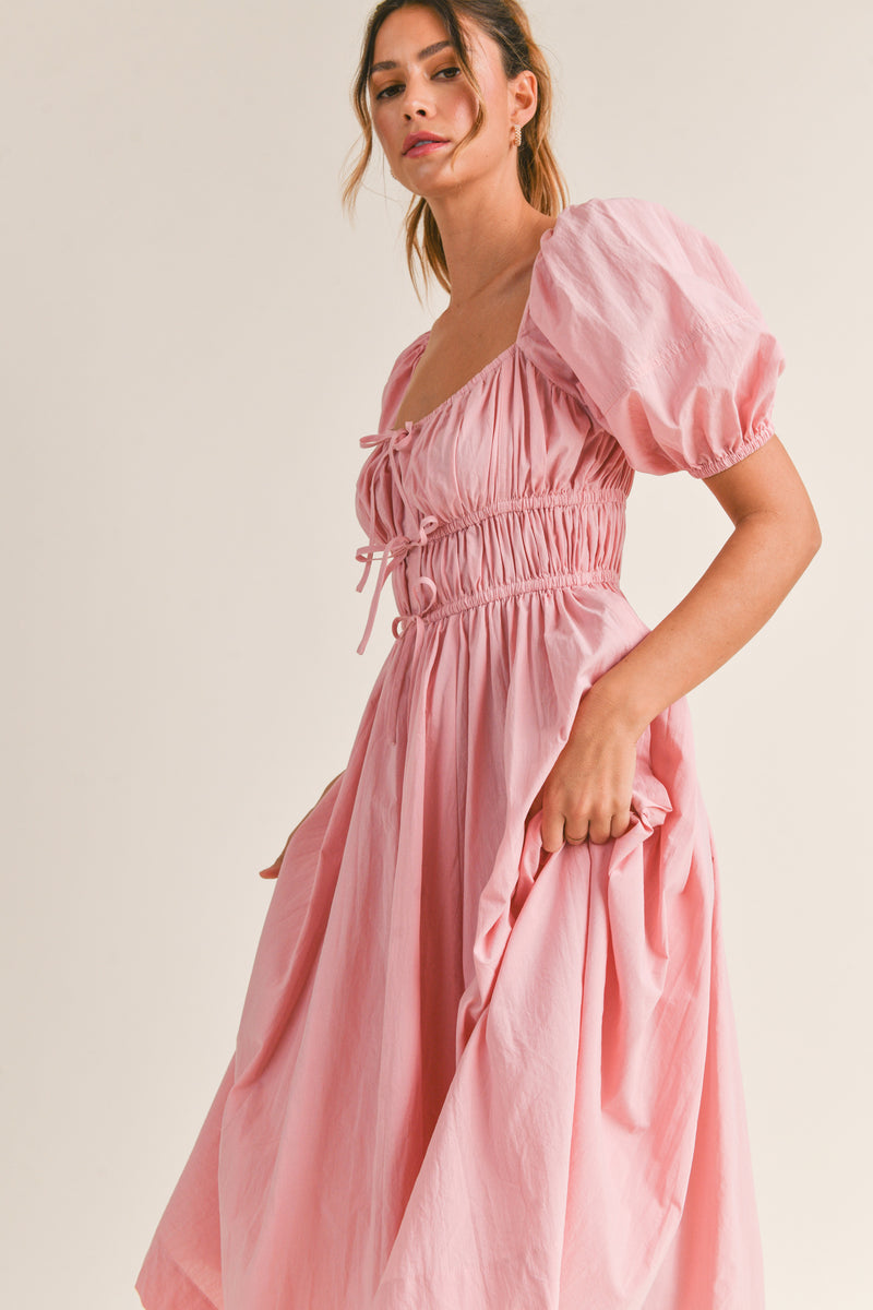 RIVKA FRONT DRAW STRING DETAIL MIDI DRESS