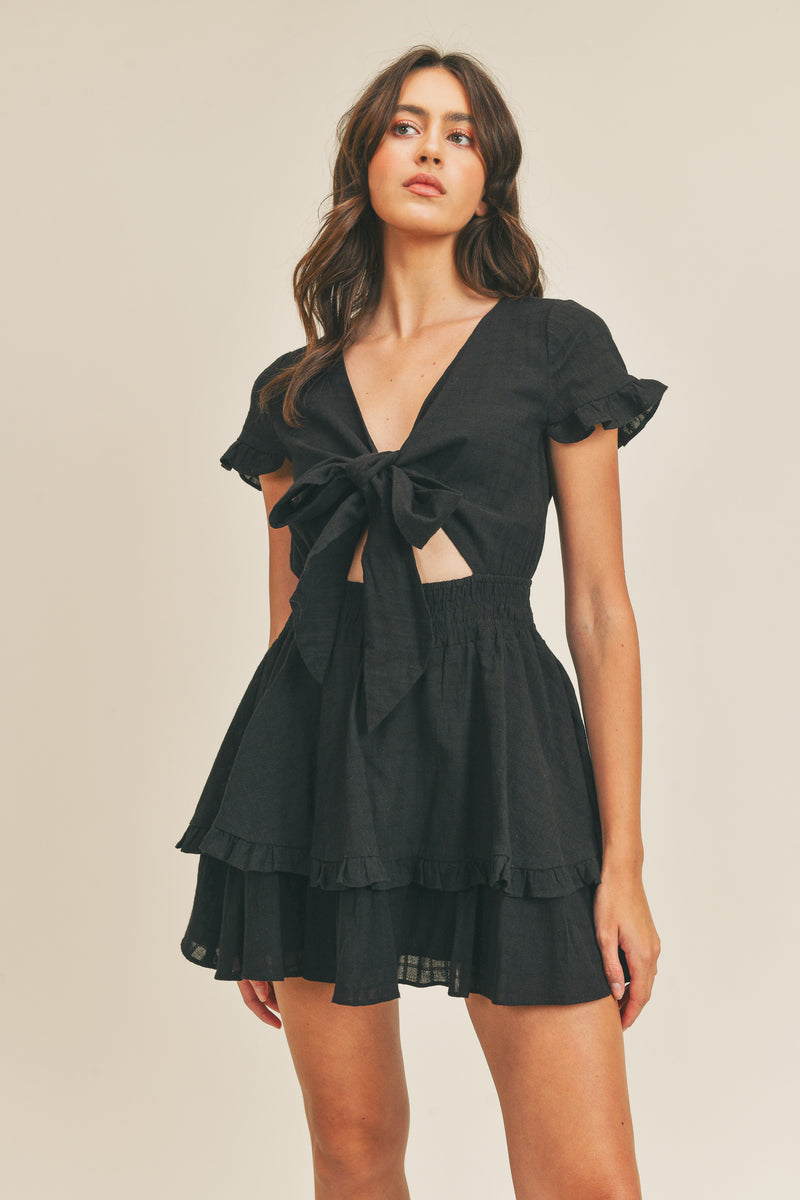 DIONNE SHORT SLV TIE DETAIL RUFFLE MINI DRESS