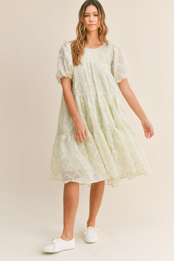 LIA TEXTURED PUFF SLEEVE MIDI DRESS