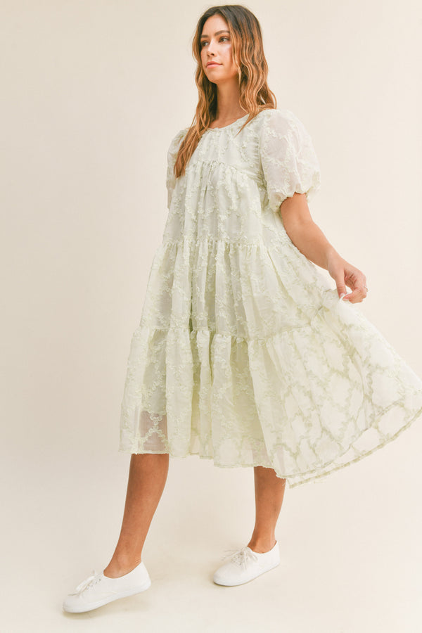 LIA TEXTURED PUFF SLEEVE MIDI DRESS