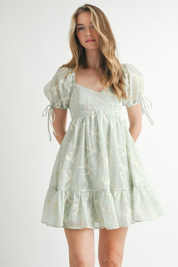NOVA BOW EMBROIDERED MINI DRESS