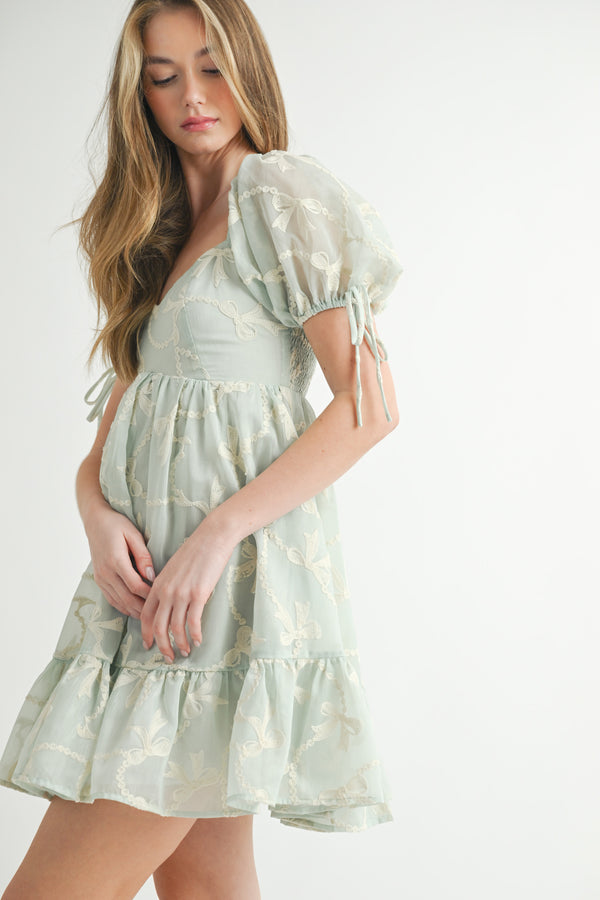NOVA BOW EMBROIDERED MINI DRESS