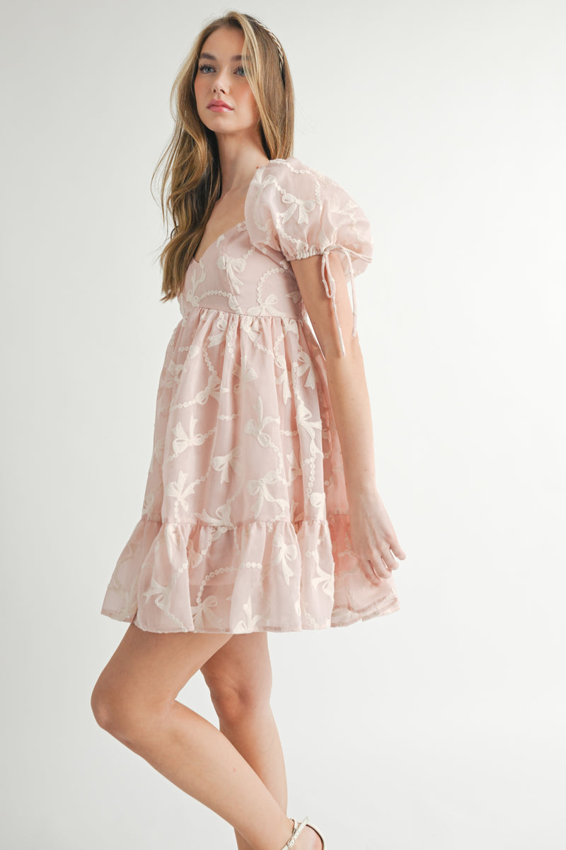 NOVA BOW EMBROIDERED MINI DRESS