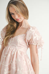 NOVA BOW EMBROIDERED MINI DRESS