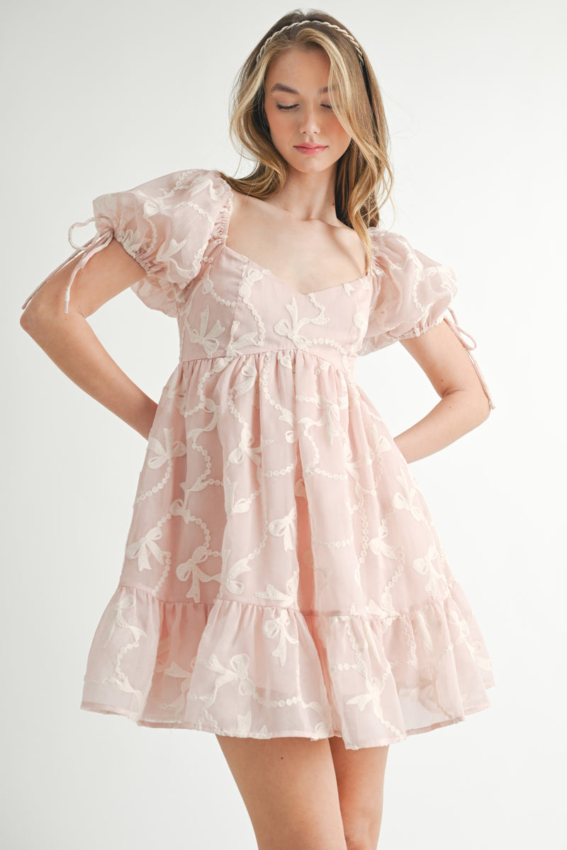NOVA BOW EMBROIDERED MINI DRESS