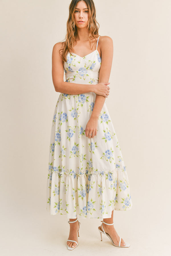 ELSA FLORAL LACE UP BACK BUSTIER MIDI DRESS