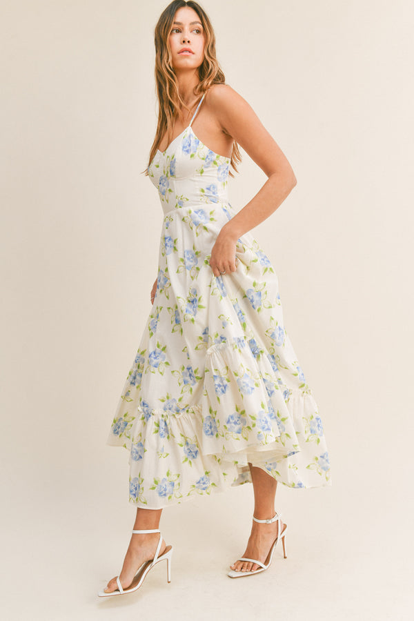 ELSA FLORAL LACE UP BACK BUSTIER MIDI DRESS
