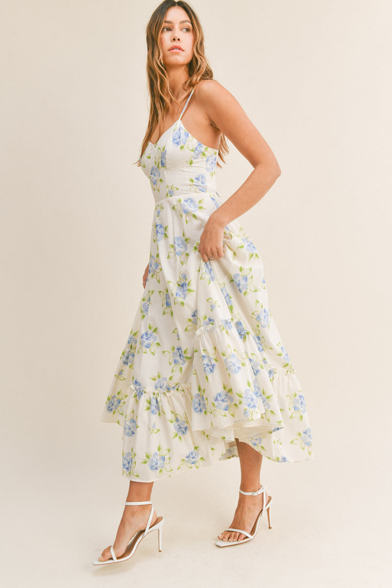 ELSA FLORAL LACE UP BACK BUSTIER MIDI DRESS
