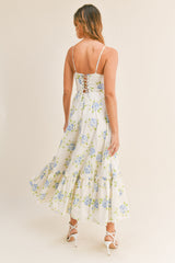 ELSA FLORAL LACE UP BACK BUSTIER MIDI DRESS