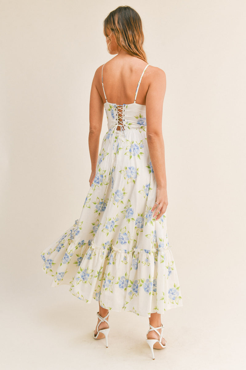 ELSA FLORAL LACE UP BACK BUSTIER MIDI DRESS