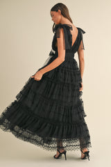 ABIGAIL DOT LACE MESH TIERED RUFFLE MAXI DRESS