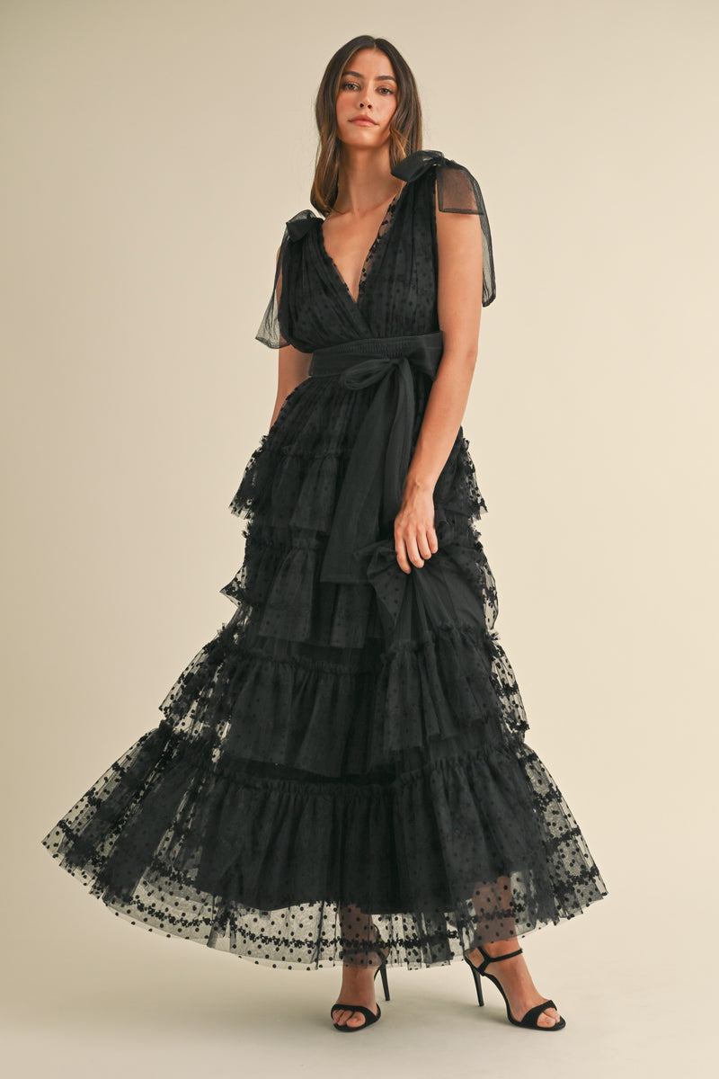 ABIGAIL DOT LACE MESH TIERED RUFFLE MAXI DRESS