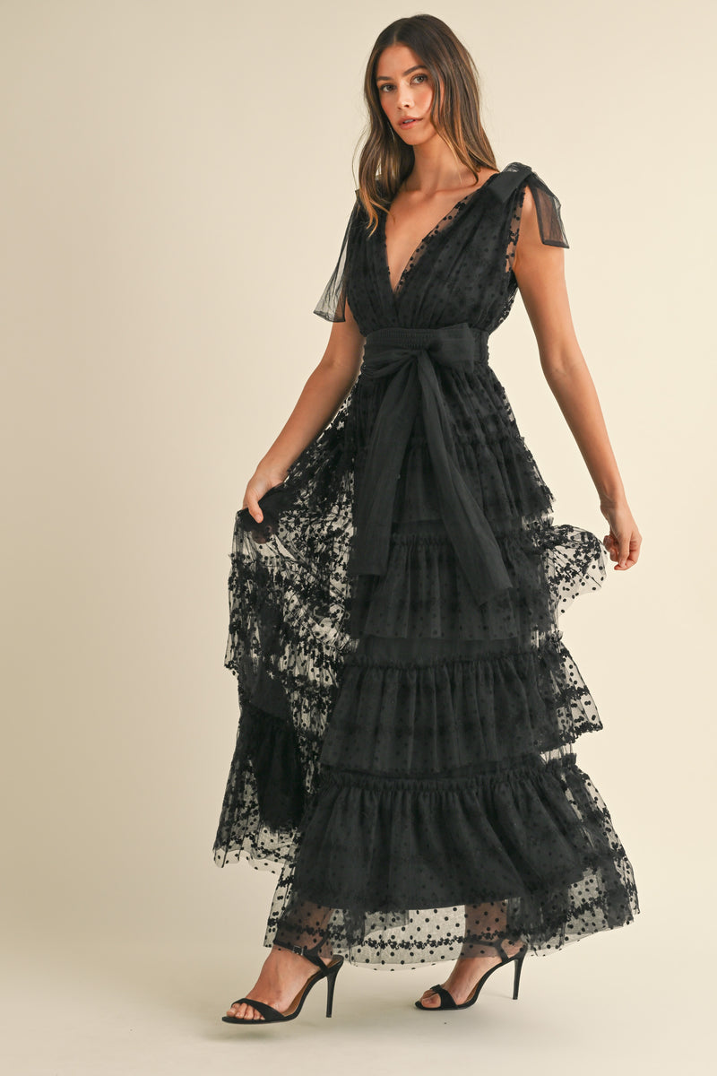 ABIGAIL DOT LACE MESH TIERED RUFFLE MAXI DRESS