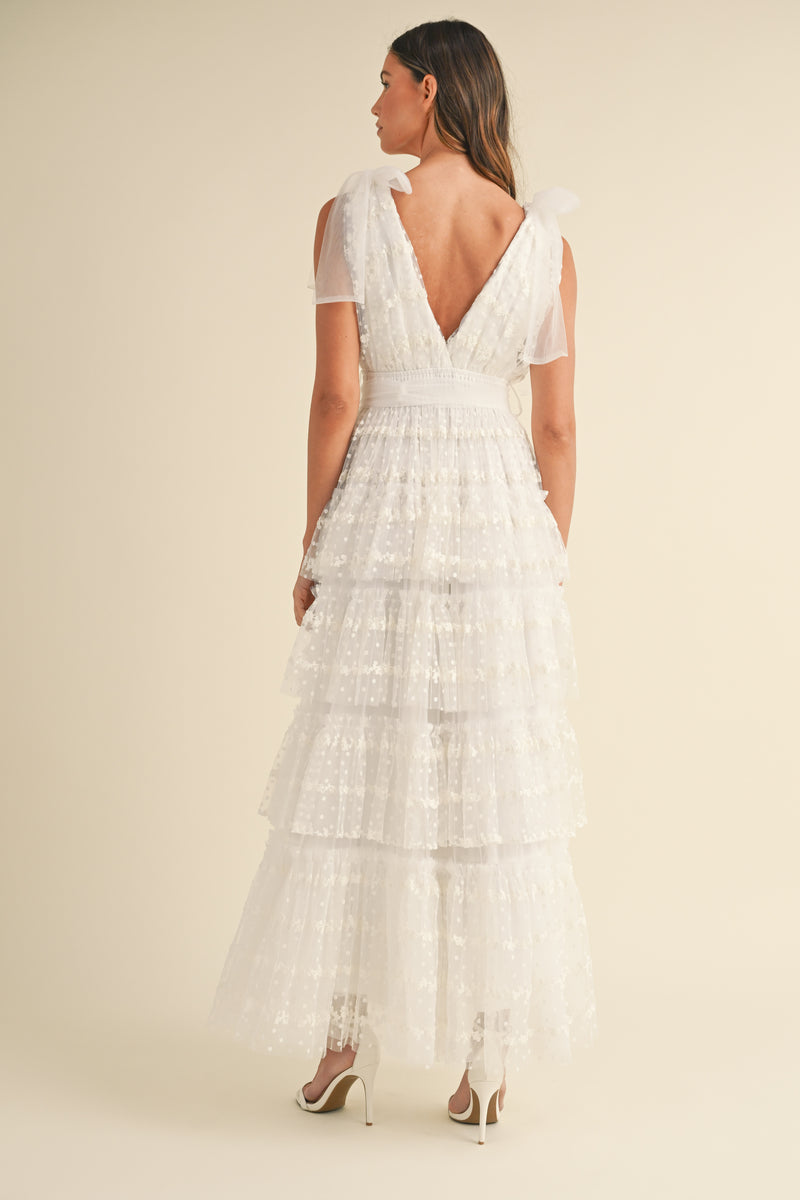 ABIGAIL DOT LACE MESH TIERED RUFFLE MAXI DRESS