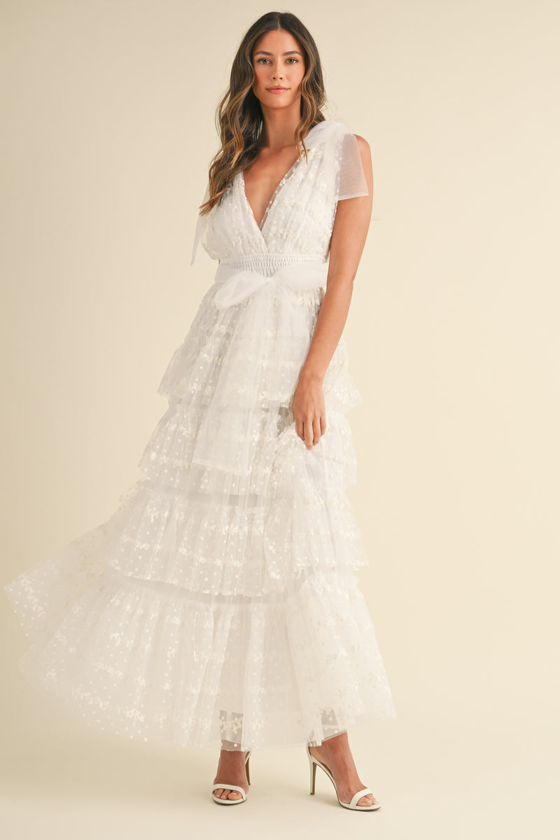 ABIGAIL DOT LACE MESH TIERED RUFFLE MAXI DRESS