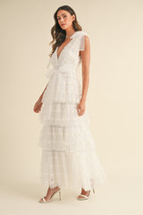 ABIGAIL DOT LACE MESH TIERED RUFFLE MAXI DRESS