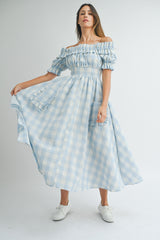 MAFALDA OFF SHOULDER RUFFLE MIDI DRESS