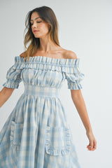 MAFALDA OFF SHOULDER RUFFLE MIDI DRESS