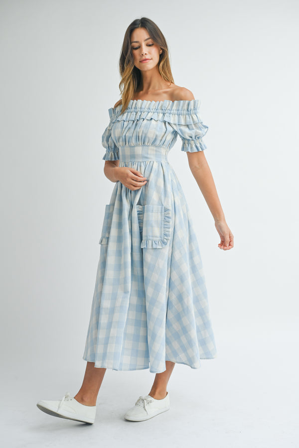 MAFALDA OFF SHOULDER RUFFLE MIDI DRESS